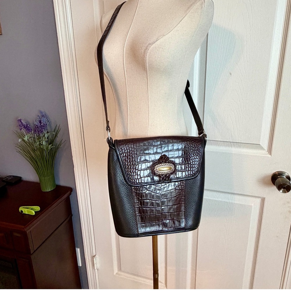 Brighton Vintage Crossbody Bucket Bag Black Pebbled Brown Croc Leather